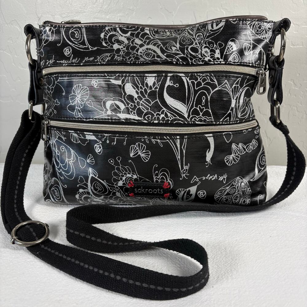 Sakroots Black Silver Peace Crossbody Organizer Bag Triple Zip Adjustable Strap